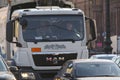 Close up view of handsome man sitting in truck in the traffic jam Royalty Free Stock Photo