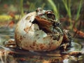 A close-up view of a hatchling emerging from an egg in a murky pond, surrounded by tadpoles and a curious polliwog