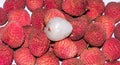 Close up view of a heap of fresh Lychee with a peeled Lychee on top