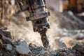 Close up View of a Heavy-Duty Jackhammer Breaking Concrete on a Construction Site in Bright Daylight During Ongoing Demolition Royalty Free Stock Photo