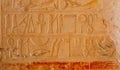 Close up View of Ancient Egyptian hieroglyph writings on Temple wall Royalty Free Stock Photo