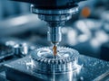 Close-up view of high-precision cnc milling machine cutting intricate metallic gear component with sharp drill bit in advanced Royalty Free Stock Photo