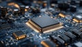 Close-Up View Of High-Tech Computer Chip On Blue Circuit Board With Electronic Components Royalty Free Stock Photo