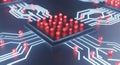 Detailed close-up of a futuristic microchip with glowing red nodes and intricate circuitry Royalty Free Stock Photo