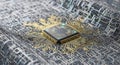Close up view of a highly detailed computer processor chip connected to intricate golden circuit board pathways. Royalty Free Stock Photo