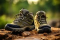 Close up view of hiker wearing durable hiking shoes while exploring the great outdoors