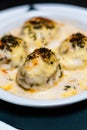 close up view of homemade baked gratin eggs and deviled eggs Royalty Free Stock Photo