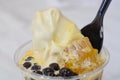 a close-up view of honey-drenched boba tea and ice cream revealed an irresistible combination of flavors and textures