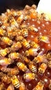 A close up view of honeybees working together in their hive.