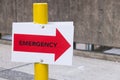 Close up view of Hospital emergency sign in red with directional arrow Royalty Free Stock Photo