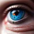 A close-up view of the human eye, a blue-colored iris with a multi-colored glow. Generative AI. Royalty Free Stock Photo