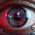 Human eye with digital circuit iris and city reflection. Royalty Free Stock Photo