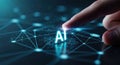 Finger touches glowing ai text surrounded by digital network of nodes and lines Royalty Free Stock Photo