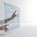 Photorealistic 3D render showing human hands interacting with a massive, transparent floating OLED screen displaying optimized sma Royalty Free Stock Photo