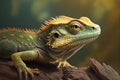 Close up view of an iguana. Green basilisk lizard sitting on a branch - Generative AI Royalty Free Stock Photo