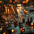 Illuminated circuit board with glowing orange lights on electronic background