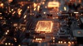 Close-up view of illuminated computer circuitry with glowing details