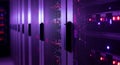 Close up view of illuminated server rack network cables and blinking indicator lights in data center Royalty Free Stock Photo