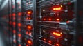 Data Center Server Racks with Red Lights: Power, Network, and High-Speed Computing. Royalty Free Stock Photo