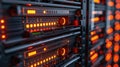 Data Center Hardware with Glowing Lights: Information Technology Infrastructure in Rack Cabinet Royalty Free Stock Photo