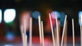 Close up view of incense burning with bokeh blur background in Thailand temple Royalty Free Stock Photo