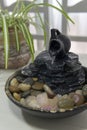 Zen water fountain next to a plant Royalty Free Stock Photo