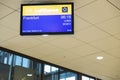 Close up view of information screen with flight information at airport. Greece.