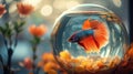 Close-up view inside a chic, cylindrical aquarium in a minimalist bedroom. The focus is on a colorful betta fish Royalty Free Stock Photo