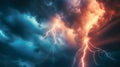 Close-up view of intense lightning striking dramatic sky with dark storm clouds in full force Royalty Free Stock Photo