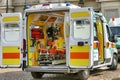 Close-up view of the interior of an empty ambulance from the open tailgate