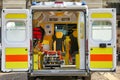 Close-up view of the interior of an empty ambulance from the open tailgate