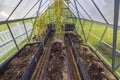 Close up view of interior of greenhouse, preparation to winter season.