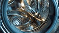 A close-up view of the interior of a washing machine drum with metallic and reflective surfaces Royalty Free Stock Photo