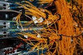 Close up view of internet equipment and cables in the server room Royalty Free Stock Photo