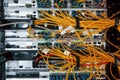 Close up view of internet equipment and cables in the server room Royalty Free Stock Photo