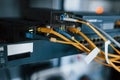 Close up view of internet equipment and cables in the server room Royalty Free Stock Photo