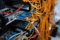 Close up view of internet equipment and cables in the server room Royalty Free Stock Photo