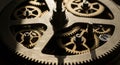 Close up view of intricate clockwork gears bathed in warm light showcasing precision engineering and timeless mechanical design Royalty Free Stock Photo
