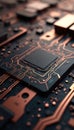 Close-up view of intricate copper circuits on a dark motherboard. Microchips and electrical pathways create a complex digital Royalty Free Stock Photo
