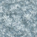 A close-up view of intricate frost crystals covering a surface. These ice formations