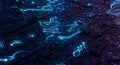 A close-up view of an intricate, illuminated circuit board design. The dark surfac