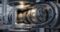 Close-up view of an intricate mechanical gearbox assembly in ope Royalty Free Stock Photo