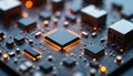 Close-up view of intricate microchip, wireless circuit components. Modern tech design elements illuminated, displaying complex Royalty Free Stock Photo