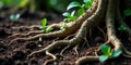 A close-up view of the intricate root system of a tree, anchored deep within the dark earth, with several small saplings emerging Royalty Free Stock Photo