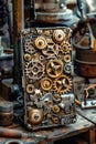A close-up view of a intricately designed steampunk smartphone prototype, showcasing its gears, cogs, and metallic textures