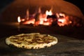 close up view of italian pizza baking in brick oven Royalty Free Stock Photo