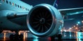 Close-up view of a jet engine at night on a runway, reflecting the airport lights. Generative AI Royalty Free Stock Photo