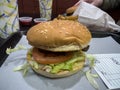 Close up view of a juicy cheeseburger on a fast food tray on a black table indoors