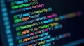 Close-up view of laptop screen displaying colorful computer code. Programmer working on application. Modern tech. Coding concept. Royalty Free Stock Photo