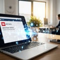 Modern laptop displaying data analytics with a blurred office environment and sunlight streaming in Royalty Free Stock Photo